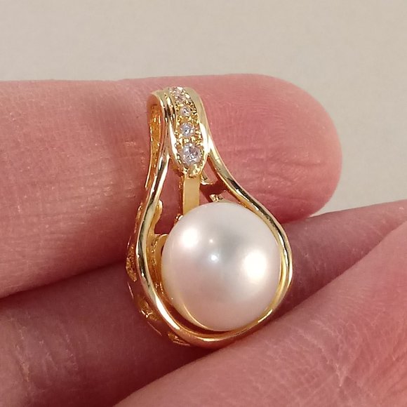 Gold 925 Silver Diamond Zircon Real White South Sea Pearl Necklace Pendant AAAAA - Picture 4 of 5